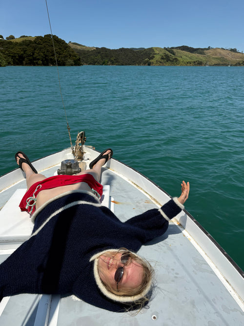 a hooded knit - navy/cream (made to order)