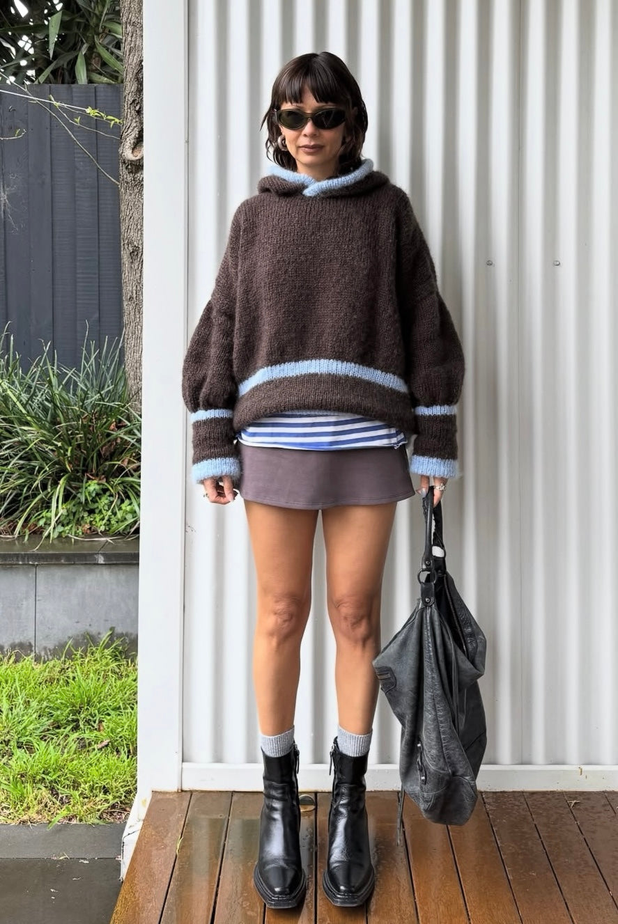 a hooded knit - brown/blue (made to order)