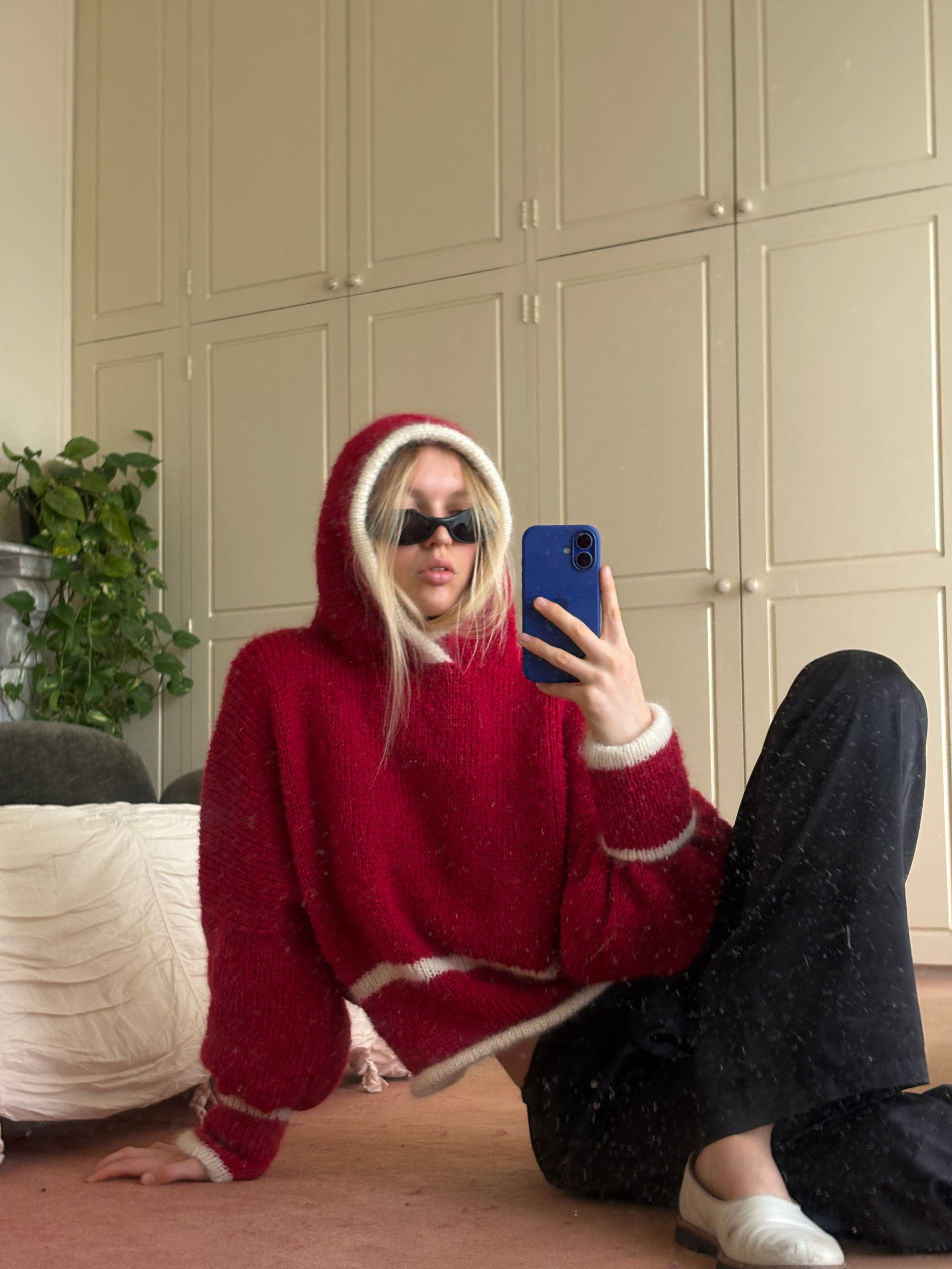 a hooded knit - ruby/cream (made to order)