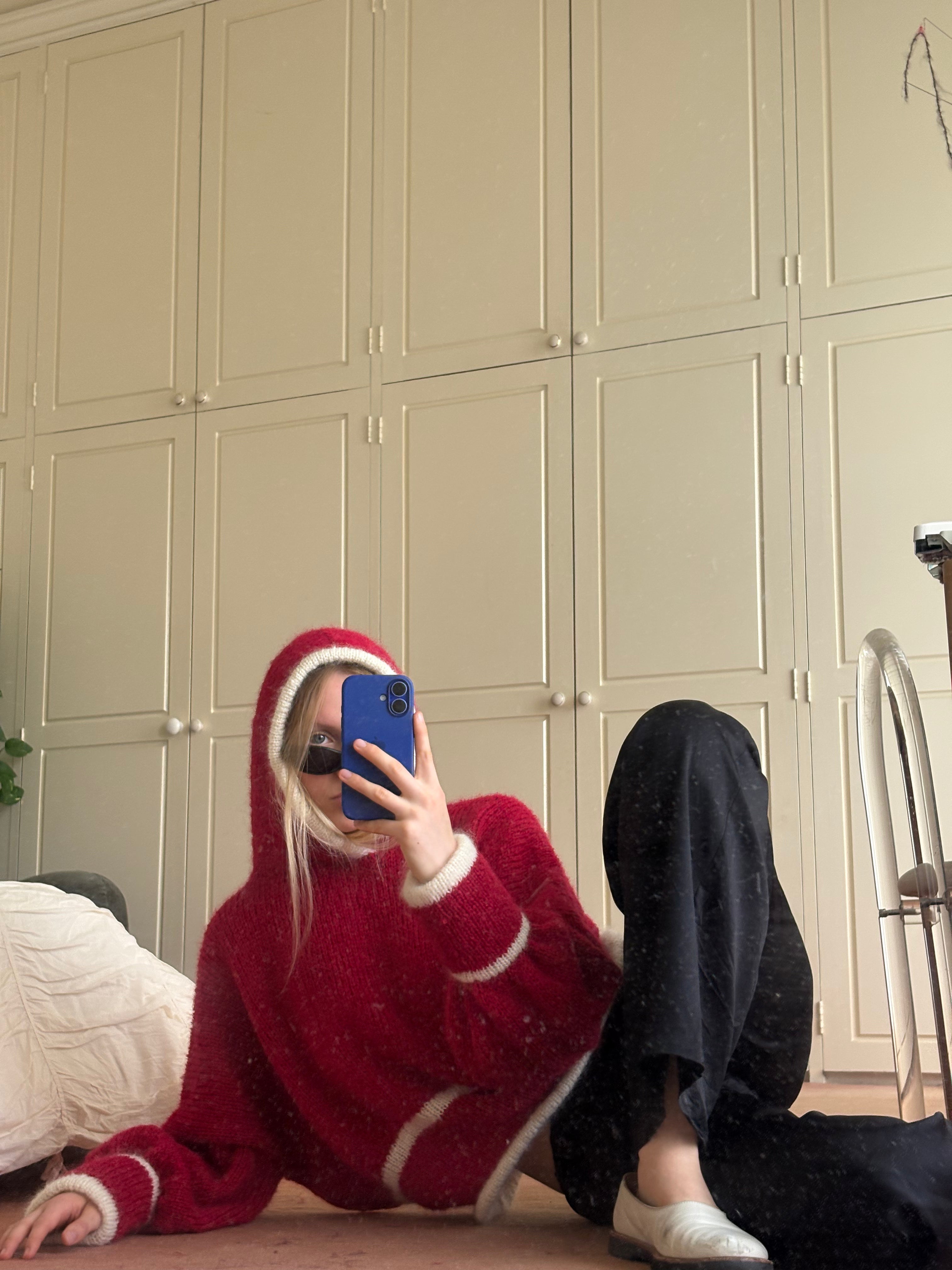 a hooded knit - ruby/cream (made to order)