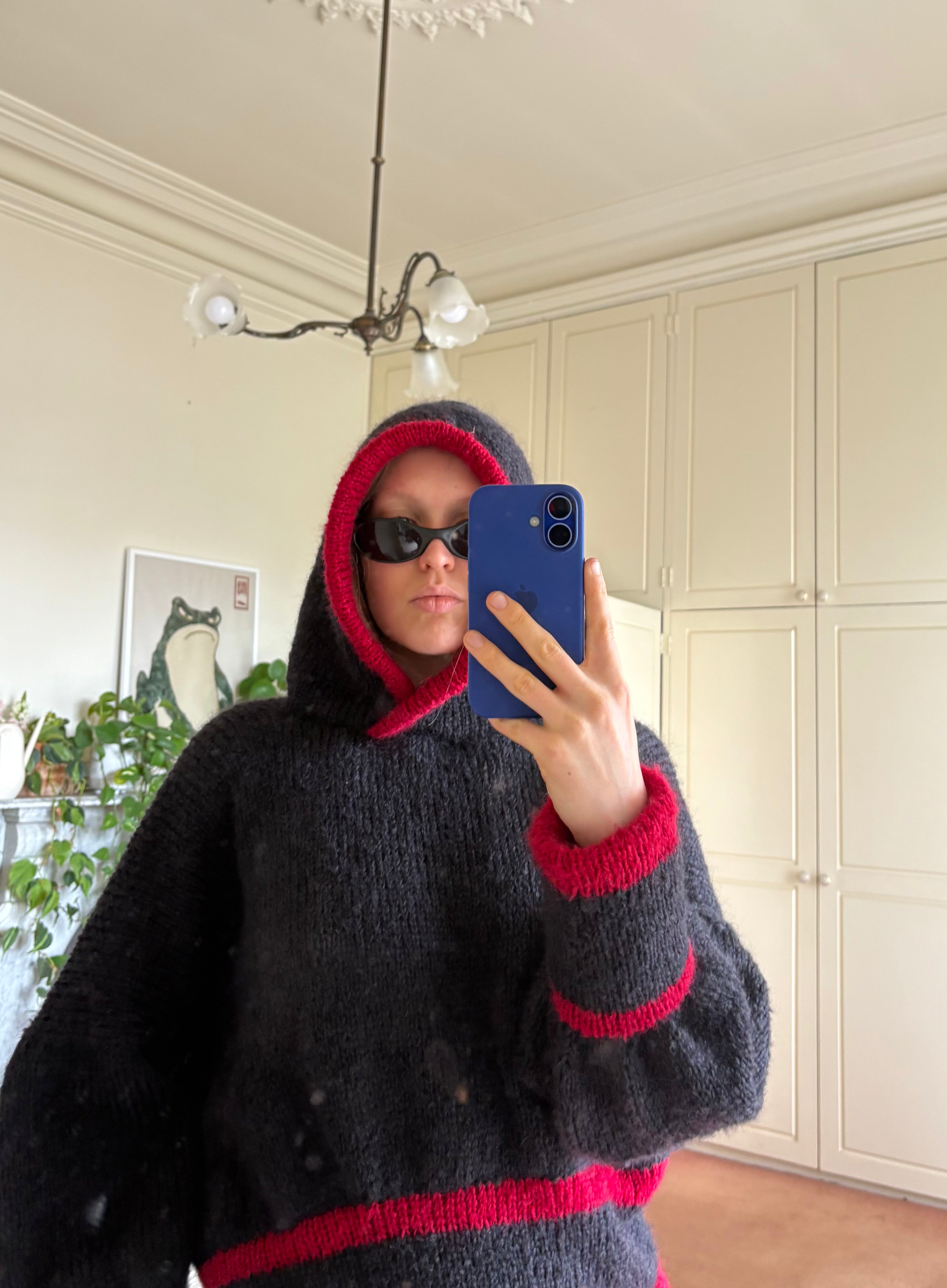 a hooded knit - black/red (made to order)