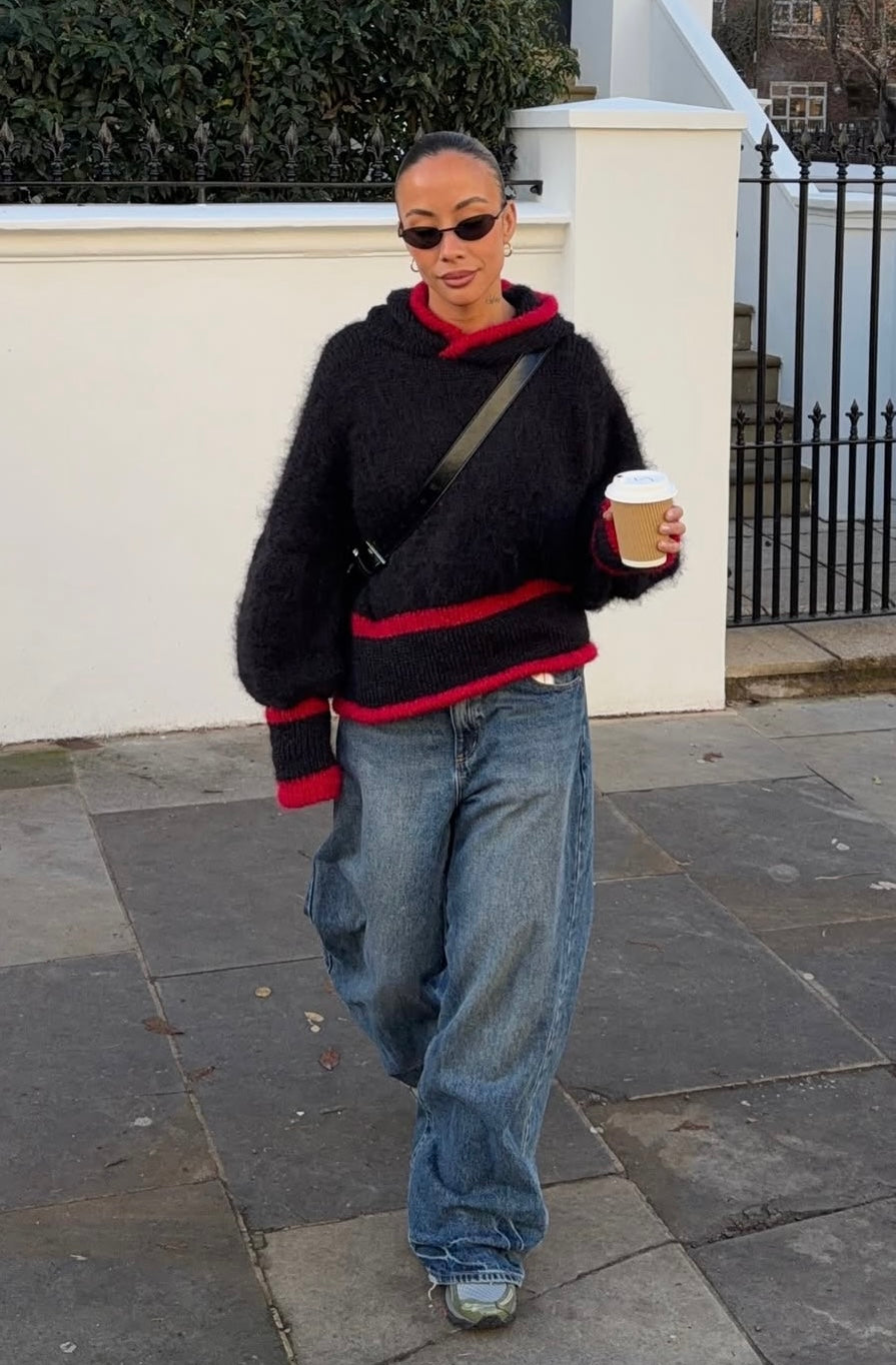 a hooded knit - black/red (made to order)