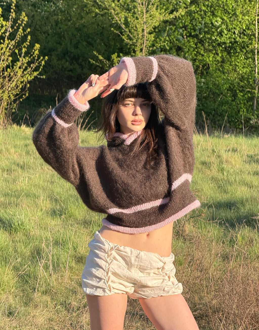 a hooded knit - brown/pink (made to order)