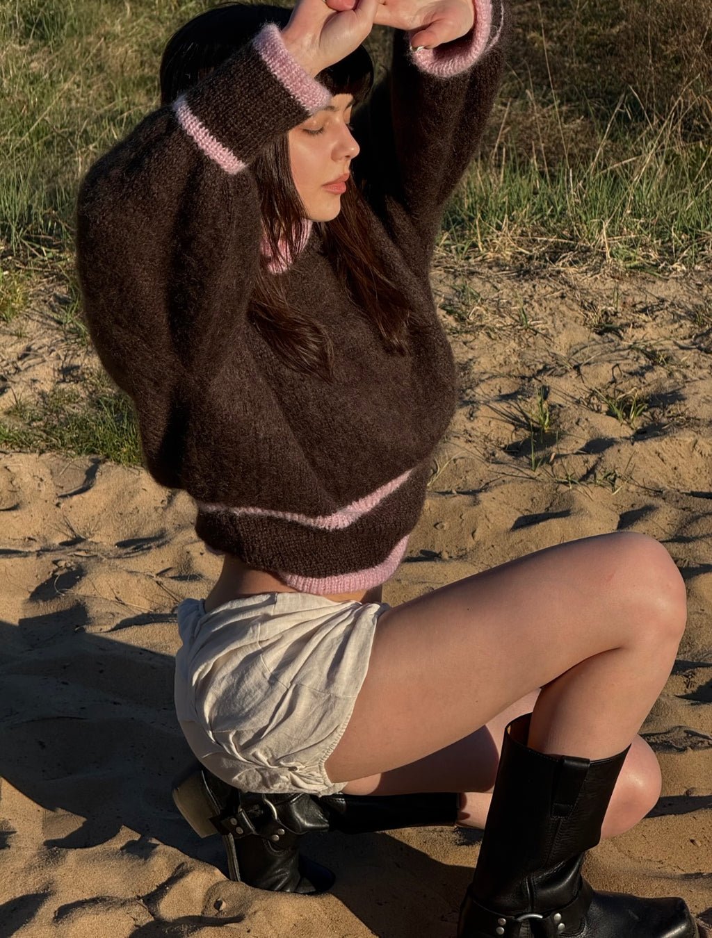 a hooded knit - brown/pink (made to order)