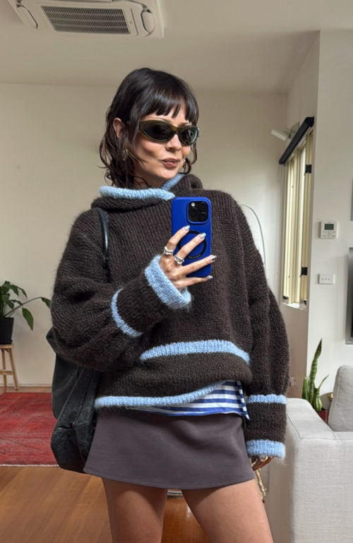 a hooded knit - brown/blue (made to order)